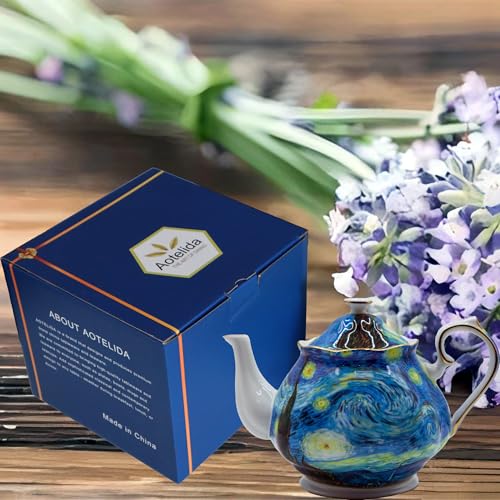 Teapot 30 oz Vangogh Paintings Bone China Loose Tea Pot Floral Design Vintage Ceramic Coffee Water Pot European Style Porcelain (30 Ounce)