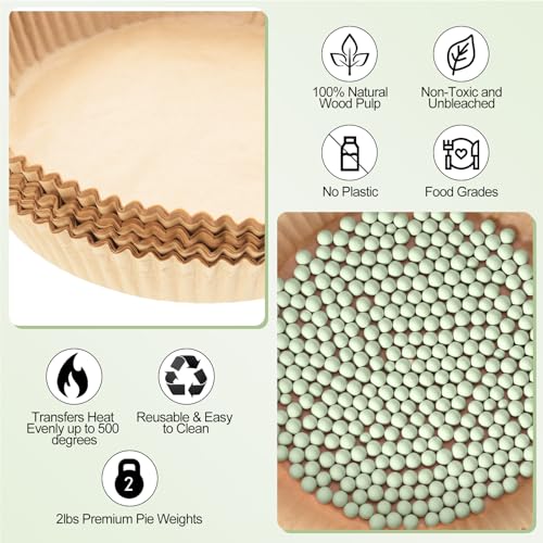 1 Pack 2 lb Light Green Pie Weights for Baking Crust Reusable Ceramic Blind Baking Beans Stoneware with 50 Pcs Disposable Parchment Paper Pie Liner Fit 8