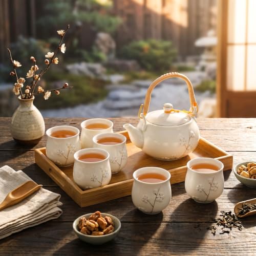 Japanese Asian Tea Set for Adults with 1 Teapot 6 Cups 1 Tray