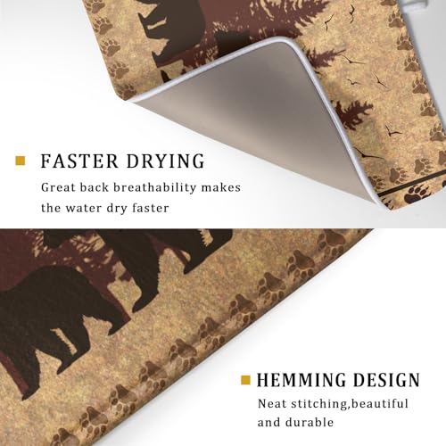 18"x24" Brown Bear Dish Drying Mat Rustic Forest Wildlife Woodland Dish Drainer Mats for Kitchen Countertop Farmhouse Animal Paw Print Fast Dry Microfiber Dish Drying Pad Decoration