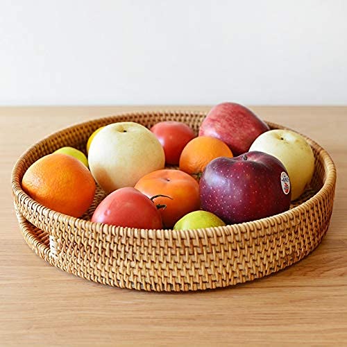 Round Rattan Serving Tray Decorative Woven Ottoman Trays with Handles for Coffee Table Natural