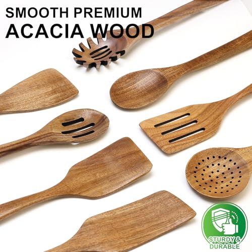 9 Pack Wooden Spoons Non Toxic Cooking Utensil Set with Utensils Holder (9 Count)