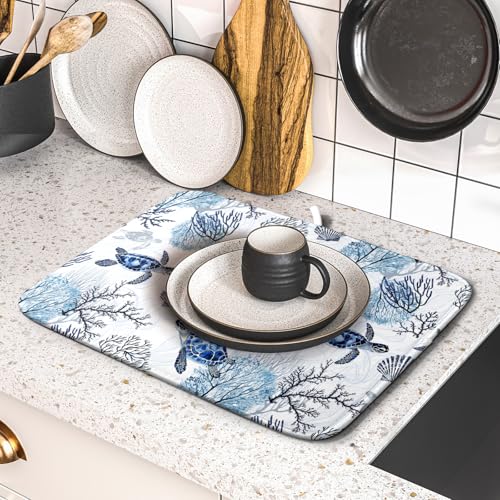 16"x18" Coastal Sea Turtles Dish Drying Mat Nautical Ocean Tortoise Coral Starfish Dish Drainer Mats for Kitchen Microfiber Reversible Dish Drying Rack Pad for Countertop Tabletop Decor