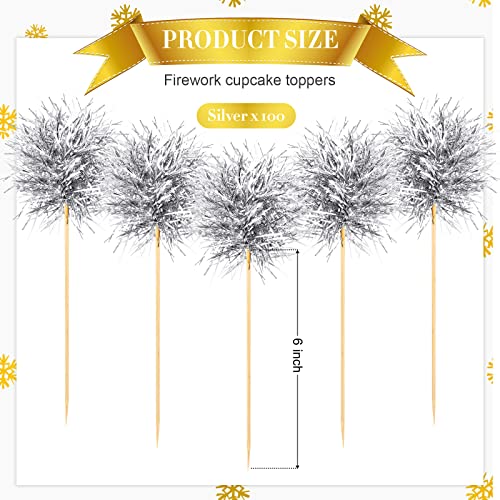 100 Pcs Silver Foil Firework Cupcake Toppers New Year Sparkle Tinsel Cake Toppers Cake Decoration Cocktail Fruit Toothpick for Birthday Wedding Graduation Party (100 Count)