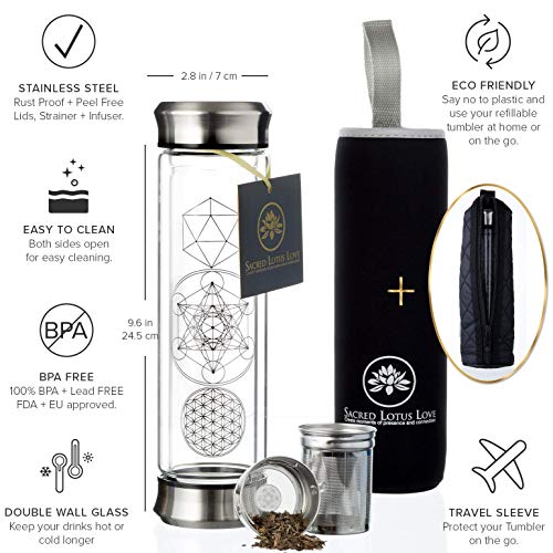 Double Walled Glass Tea Infuser Bottle 14oz Portable Travel Mug with Strainer and Sleeve for Loose Leaf Tea