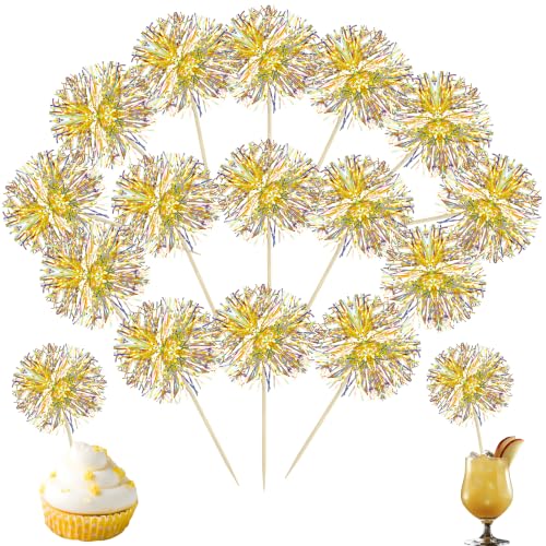 30Pcs Foil Firework Cupcake Toppers Party Birthday Cake Toppers Supplies Sparkle Tinsel Cocktail Fruit Toothpick for Birthday Wedding Graduation Party Yellow (30 Count)