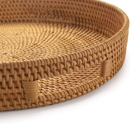 Coffee Table Tray Round Rattan Ottoman Tray Woven Serving Trays with Handles for Home and Kitchen Decorative Natural