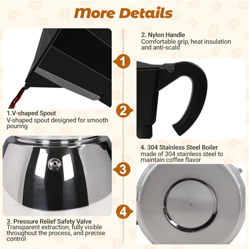 No Coating 6 Cup Aluminum and Stainless Steel Moka Pot Stovetop