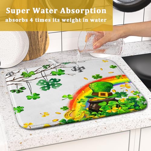 St Patrick Dish Drying Mat Small Lucky Clover Tree Shamrock Dish Drainer Mats 16x18inch Spring Elf Hat Rainbow Colorful Fast Drying Absorbent Dish Drying Pad for Kitchen Counter Decor