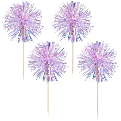 30Pcs Foil Firework Cupcake Toppers Sparkle Tinsel Cake Toppers Tinsel Drink Cake Decoration Cocktail Picks for Birthday Wedding Graduation Party Supplies Laser Purple (30 Count)