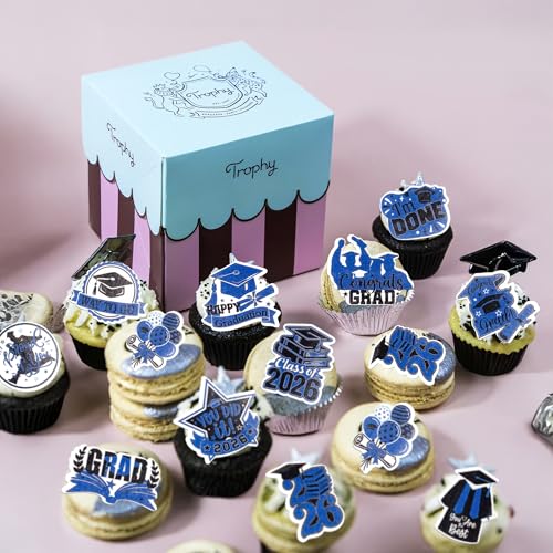 48Pcs Edible Graduation Cap 2026 Cupcake Toppers Wafer Paper Grad Cap Diploma Cake Decoration Picks for 2026 Grad Theme Party Cake Decor Supplies Black Blue (48 Count)