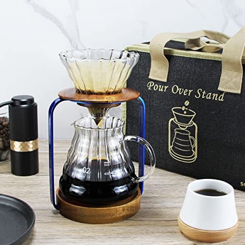 Pour Over Coffee Dripper Stand with Metal Stand Wooden Filter Holder Glass Server with Paper Coffee Filters