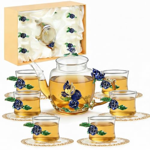 13 Pcs Glass Tea Set Rose Floral Vintage Teapot and Cups