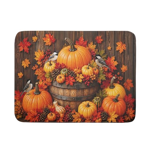 Autumn Dish Drying Mat for Kitchen Countertop Fall Pumpkin Maple Leaf Birds Dish Drainer Mats 18x24inch Rustic Wood Board Grain Dish Drying Rack Pad Protector for Dining Seasonal Decor