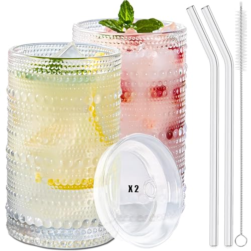 2 Pcs Iced Coffee Glasses Cups with Glass Lids and Straws (2 Count)