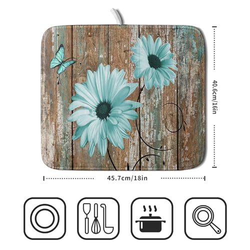 Rustic Daisy Dish Drying Mat for Kitchen Countertop 16x18 inch Fall Teal Sunflowers on Wooden Board Dish Drainer Mats Fast Drying Country Vintage Shabby Chic Flower Dish Drying Pad Cabin Decor