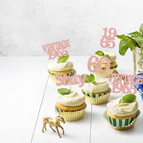 24Pcs 60th Birthday Cupcake Toppers Cheers to 60 Fabulous Sixty Cupcake Picks Vintage 1965 Decorations for 60th Birthday Wedding Anniversary Party Cake Decorations Supplies Rose Gold (24 Count)