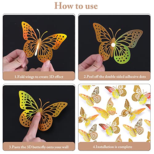 3D Butterfly Wall Decor 48 Pcs Laser Gold Butterfly Decorations (48 Count)