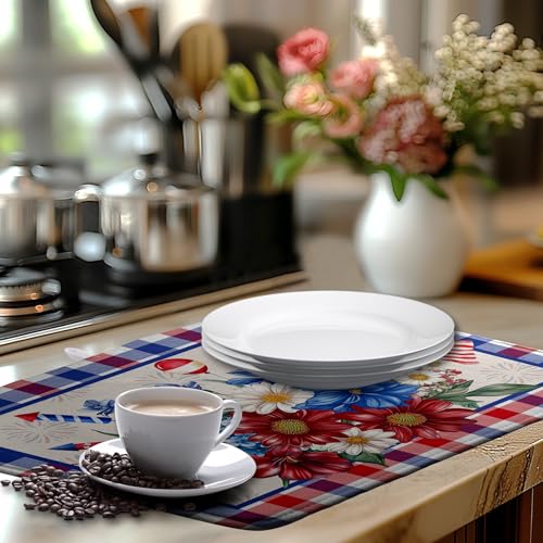 Patriotic Floral Dish Drying Mats 4th of July Flowers Dish Mat Blue Red Firework Drying Matt Dishes Dryer Pad for Kitchen Counter Absorbent Microfiber Washable Foldable Reusable 18x24 in