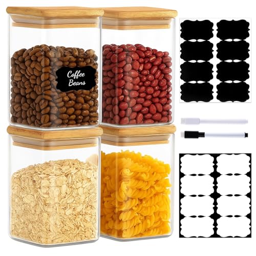 37oz(1.2Qt) Square Glass Storage Containers with Bamboo Lids – 4 Pack Clear Food Airtight Glass Jars for Pantry Organizers and Storage, Kitchen Dry Food, Coffee, Sugar, Flour, Snacks, Spices (4 Count)