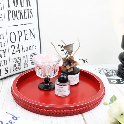 Red Round Wood Decorative Ottoman Tray for Coffee Table