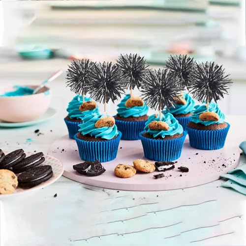 40 PCS Black Foil Firework Cupcake Toppers Sparkle Tinsel Cupcakae Picks Sparkler Fireworks Party Decorations Cocktail Fruit Toothpick for Birthday Wedding Graduation Party Decorations Supplies (40 Count)