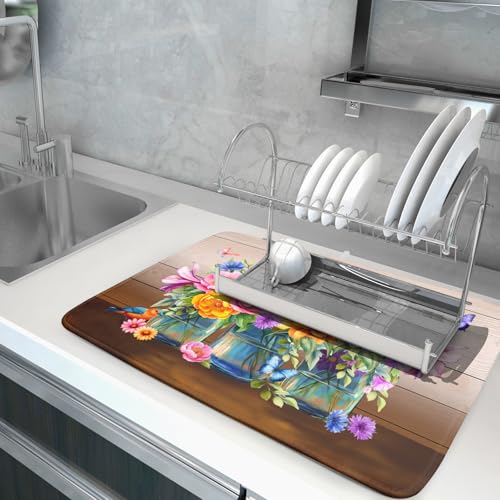 Summer Flowers Dish Drying Mat for Kitchen Counter 18x24in Vintage Colorful Floral Kitchen Drying Mat Soft Absorbent Microfiber Farmhouse Flowers Dish Drainer Rack Mats for Kitchen Countertops