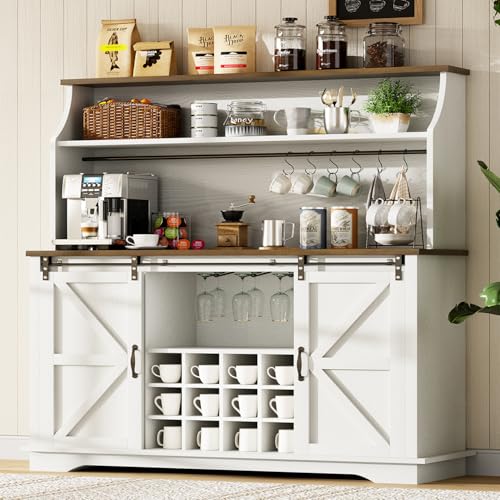 55" Farmhouse Coffee Bar Cabinet with 3 Tier Storage Hutch