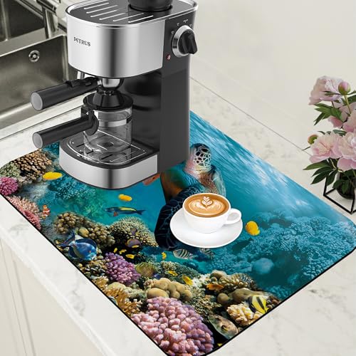Sea Turtle Coffee Mat Absorbent Dish Drying Mat for Kitchen Counter Hide Stain Rubber Backed Coffee Bar Accessories Fit Under Espresso Machine Dish Rack