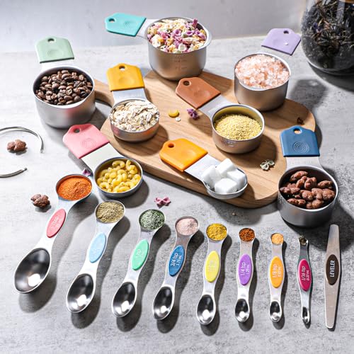 Magnetic Measuring Cups and Spoons Set of 17 Stainless Steel Measuring Cups & Double Sided Magnetic Measuring Spoons with 1 Leveler for Dry and Liquid Ingredients (17 Count)