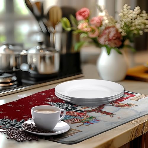 Christma Snowman Dish Drying Mat Winter Snowflake Large Kitchen Mats Dish Drying Pad Red Absorbent Dish Dryer Mat for Kitchen Countertops Microfiber Drainer Pad Dish Drying Mats