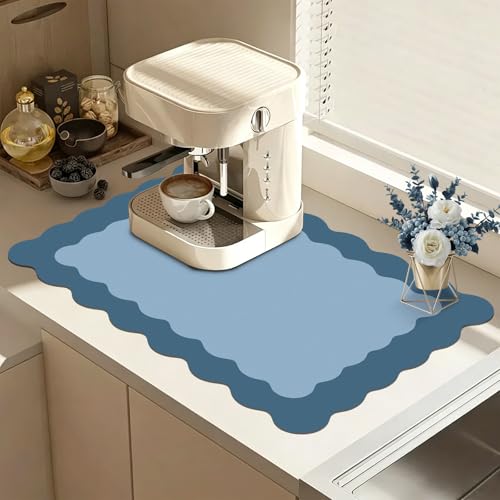 Blue Scalloped Coffee Mat for Countertop Coffee Bar Mat Matt