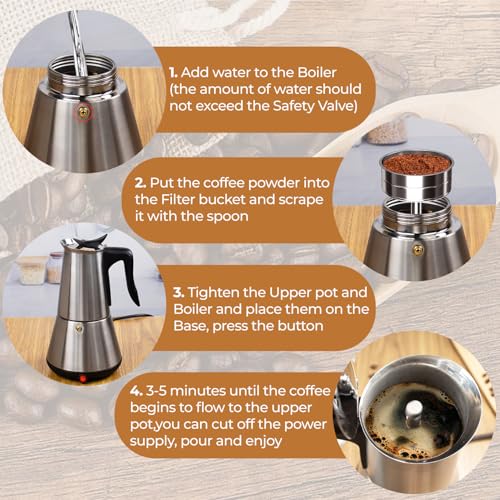 Electric Stainless Steel Moka Pot 6 Cup 300ml Mocha Pot