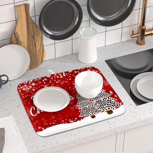 Merry Christmas Tree Red Dish Drying Mat for Kitchen Counter