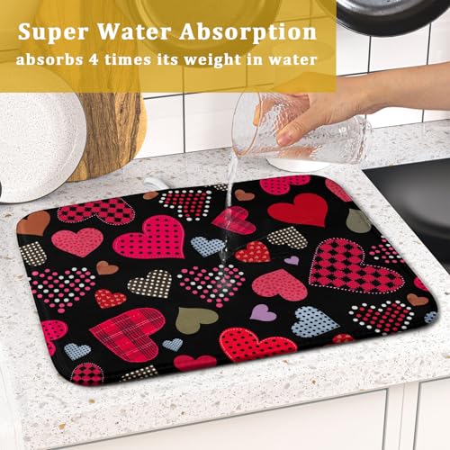 Happy Valentine's Day Black Dish Drying Mat for Kitchen Counter
