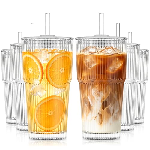 20oz Ribbed Glass Tumblers with Lids and Straws