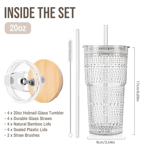 20oz Hobnail Glass Tumbler with Bamboo Lids and Straws