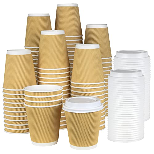 100 8 oz Ripple Kraft Paper Cups Brown Hot Cold with Lids 3 Layer Rippled Small Insulated Disposable Coffee Cups for Cappuccino Hot Cocoa or Iced Drinks (100 Count)