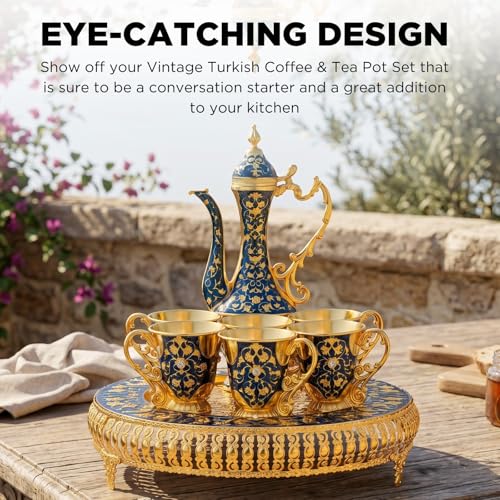 Vintage Extra Large Turkish Coffee & Tea Pot Set for 6 by Gute with Large Crystal Tray & Teapot Gold with Shiny Crystal