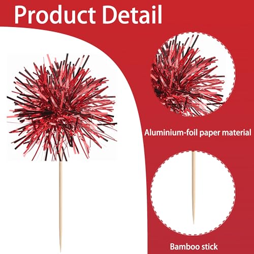 40 PCS Foil Firework Cupcake Toppers Sparkle Tinsel Cupcakae Picks Sparkler Fireworks Party Decorations Cocktail Fruit Toothpick for Birthday Wedding Graduation Party Decorations Supplies Red (40 Count)