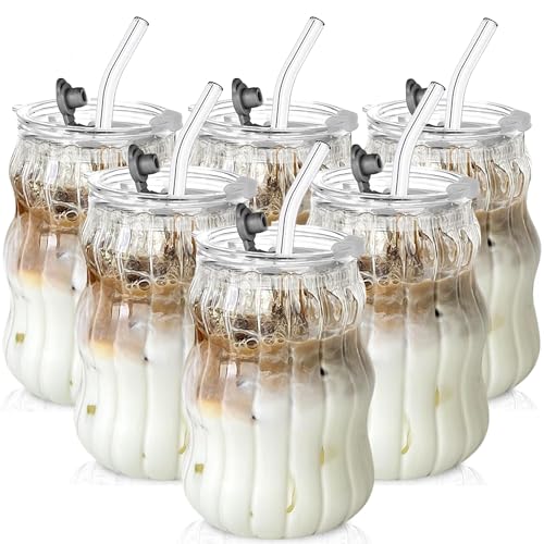 Ribbed Glass Cups with Lids and Straws