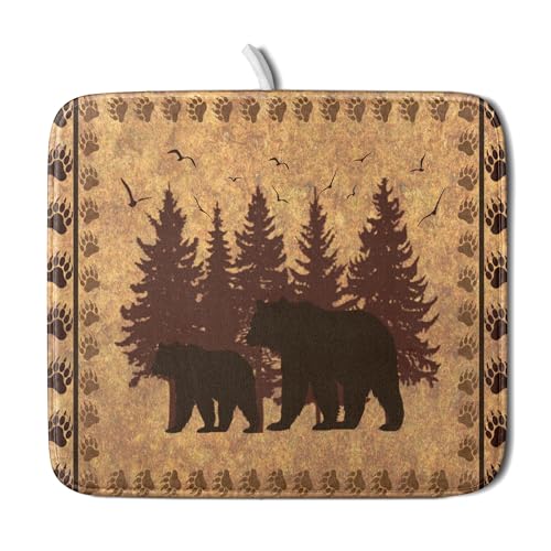 16"x18" Brown Bear Dish Drying Mat Rustic Forest Wildlife Woodland Dish Drainer Mats for Kitchen Countertop Farmhouse Animal Paw Print Fast Dry Microfiber Dish Drying Pad Decoration
