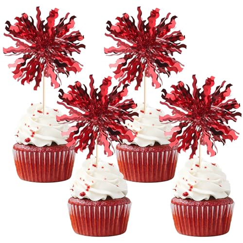 30 PCS Foil Firework Cupcake Toppers Sparkle Tinsel Cupcake Picks Happy Birthday Cake Toppers Drink Stirrers Cocktail Food Fruit Toothpicks for Baby Shower Birthday Party Decorations Supplies Red (30 Count)
