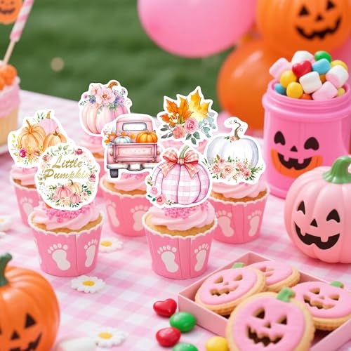 72Pcs Edible Pumpkin Cupcake Toppers Autumn Thanksgiving Theme Party Wafer Paper Flowers Pumpkin Cupcake Toppers Baby Gender Reveal Party Supplies