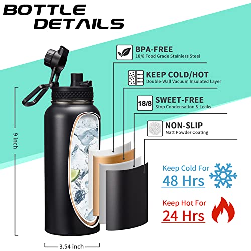 32-40-64OZ Stainless Steel Water Bottle - Black Water Bottle with Straw & Spout Lid, Paracord Handle & Bottle Sleeve, Insulated Vacuum Water Flask Double-Wall Metal Thermo Cup Canteen for Gym School (9 Count)