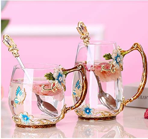 Luka Tech Enamel Butterfly flower Glass Mug with Spoon, Gifts For Women Wife Mom Friends Birthday Mothers Valentines Day Christmas (Blue-Tal)