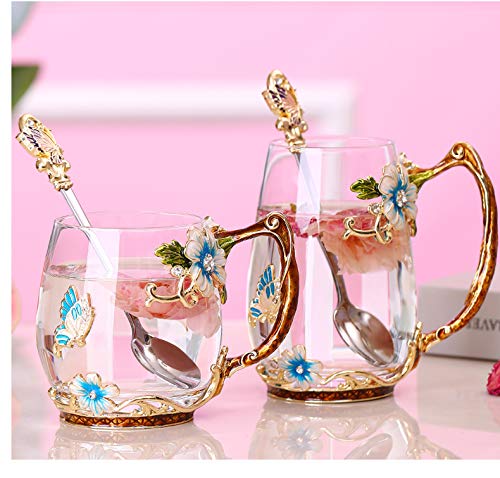 butterfly flower Glass Mug Tea Cup with Spoon Gifts For Women