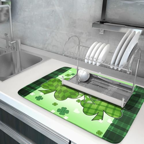St Patricks Day Shamrocks Lucky Clovers Dish Drying Mat for Kitchen Counter St Patrick's Day Decorative Drying Pad 18x24 Inch Irish Green Buffalo Check Plaid Drying Dish Mats for Countertop Coffee Bar