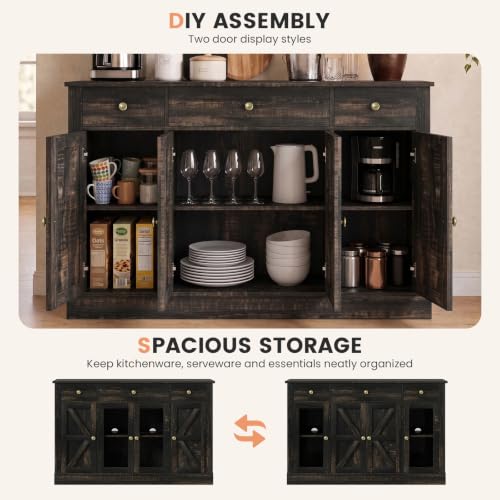 55" Large Coffee Bar Cabinet with 4 Doors and 3 Drawers