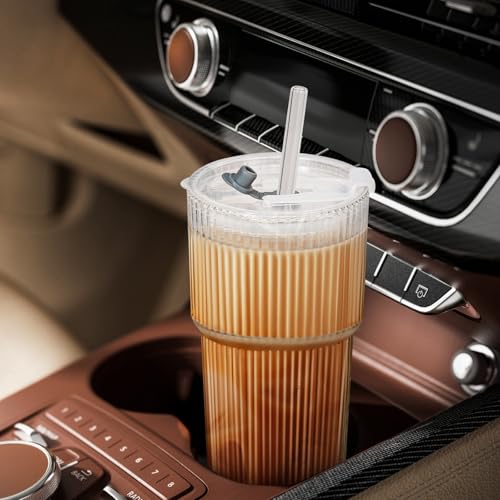4 Pack 14&20 Oz Glass Cups with Lids and Straws Iced Coffee Cups Vintage Ribbed Glassware for Beer Ice Coffee Fruit Juice Elegant Aesthetic Cup Glass Iced Coffee Tumbler Include 2 Cleaning Brushes